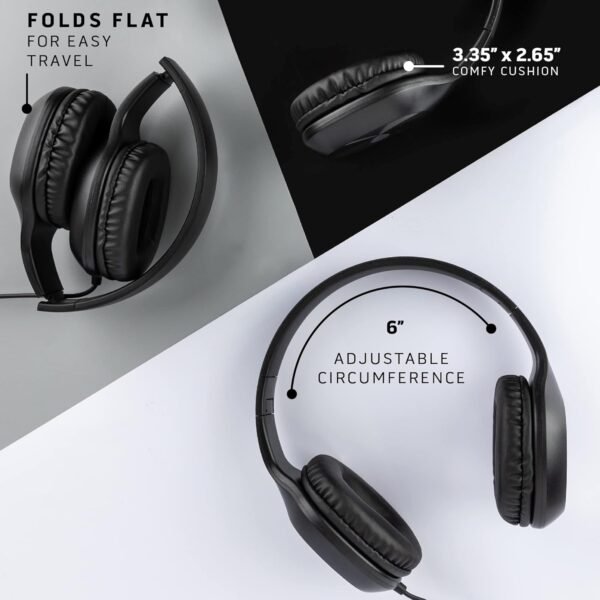 Kids Headphones, 5-Pack, On-Ear, 3.5mm Wired, Adjustable, Cushioned, Black - Image 2