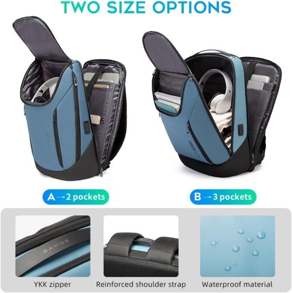 BANGE Business Smart Backpack Waterproof fit 15.6 Inch Laptop Backpack with USB Charging Port,Travel Durable Backpack (Light Blue(three Pocket), Medium) - Image 4