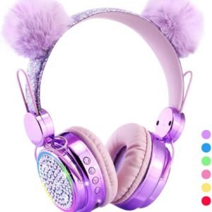 Kids Headphones Wireless Bluetooth 5.3 Colorful LED Lights Over-Ear 85dB Volume Limited Girls Headphones for Children/Teens/Gift/School/Tablet/Travel (Purple)