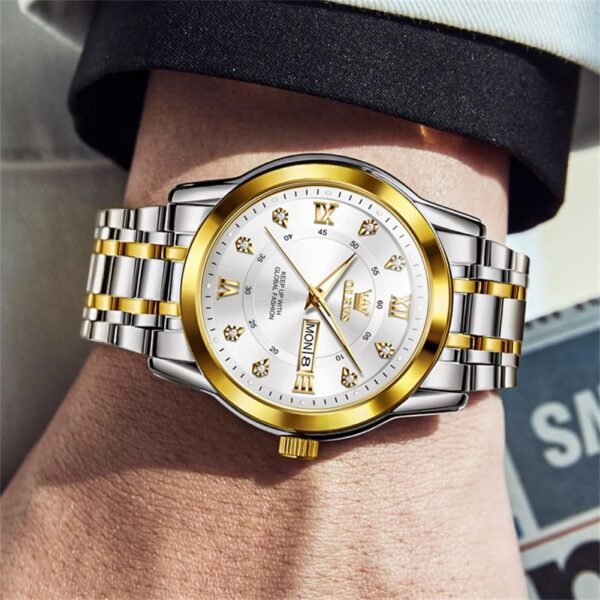 OLEVS Watch for Men Classic Business Dress Analog Quartz Stainless Steel Waterproof Luminous Date Diamond Men Silver Watch - Image 3