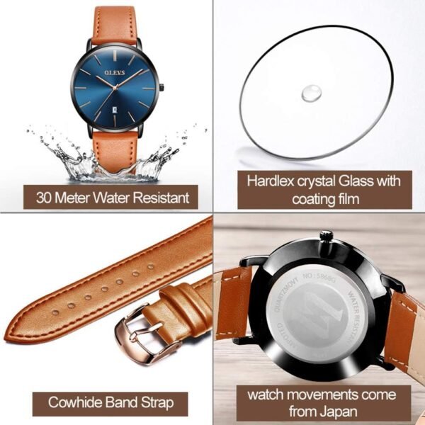 OLEVS Mens Watches Minimalist Ultra Thin Fashion Casual Analog Quartz Date Watch Waterproof Slim Simple Big Face Dress Wrist Watch with Retro Leather Band for Men - Image 3