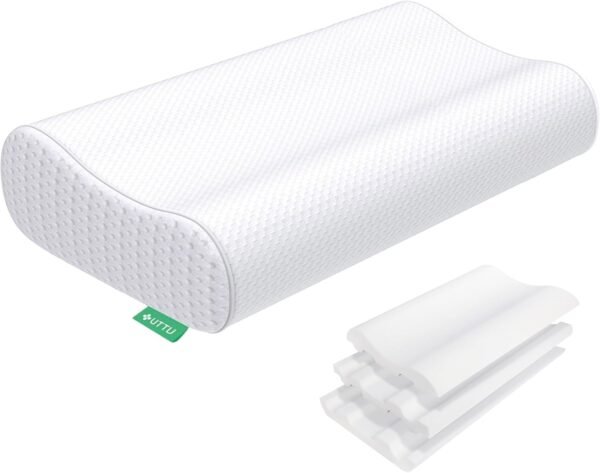 UTTU Cervical Pillow for Neck Strain Relief, Memory Foam Neck Pillow for Sleeping, Adjustable Orthopedic Sandwich Pillow, Contour Cooling for Side Back Stomach Sleeper, Queen(23.6"×14"×4.7"/3.9")