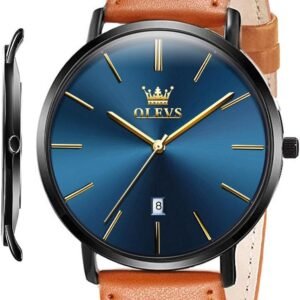 OLEVS Mens Watches Minimalist Ultra Thin Fashion Casual Analog Quartz Date Watch Waterproof Slim Simple Big Face Dress Wrist Watch with Retro Leather Band for Men