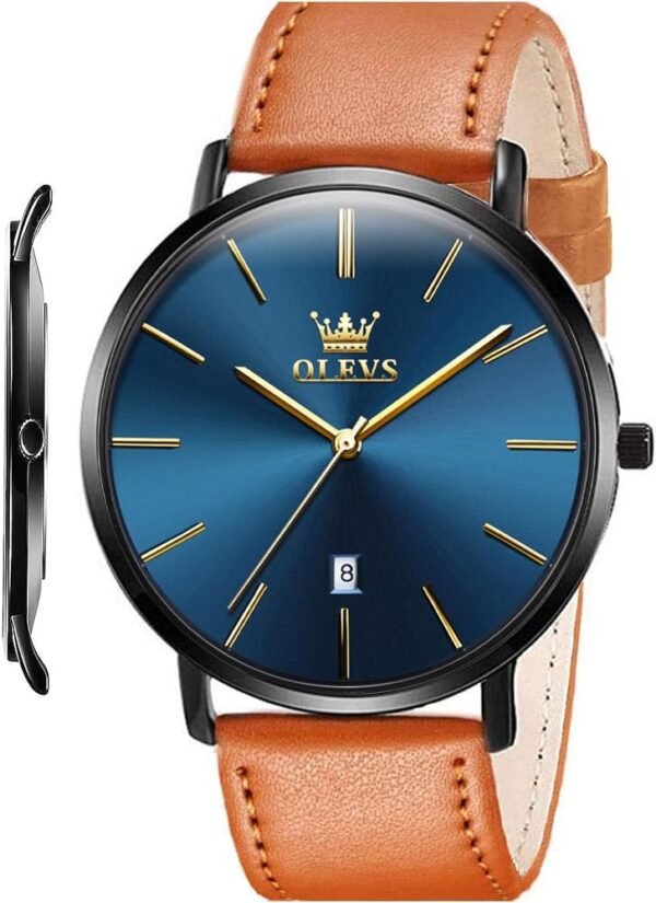 OLEVS Mens Watches Minimalist Ultra Thin Fashion Casual Analog Quartz Date Watch Waterproof Slim Simple Big Face Dress Wrist Watch with Retro Leather Band for Men
