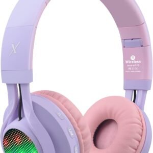 Riwbox WT-7S Kids Bluetooth Headphones Light Up, Foldable Stero Wireless Headset with Microphone and Volume Control for PC/Tablet/TV/Travel (Purple)