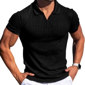 Men's Muscle V Neck Polo Shirts Slim Fit Short Long Sleeve Cotton Golf T-Shirts Ribbed Knit Soft Tees
