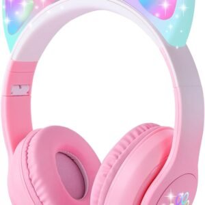 Cat Ear Kids Bluetooth Headphones for Girls Children Teens, LED Light Up Wireless/Wired Mode Foldable Stereo Girls Headphones with Built-in Mic for School Birthday Xmas Gift (Pink)