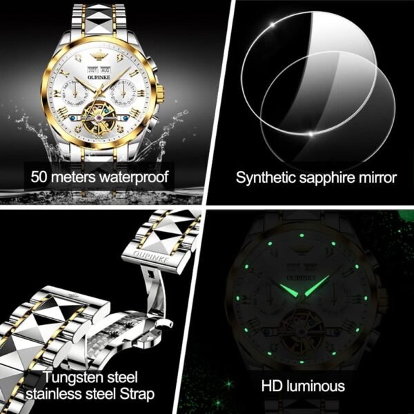 OUPINKE Automatic Watches for Men Skeleton Mechanical Self Winding Luxury Business Dress Wrist Watch Diamond Tungsten Steel Sapphire Crystal Calendar Waterproof Luminous - Image 5