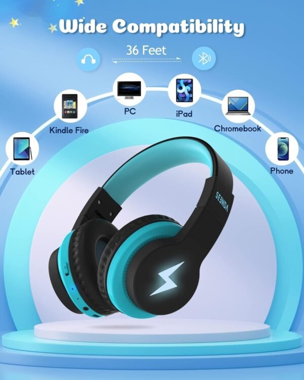 seenda Kids Bluetooth Headphones Boys, Kids Wireless Headphones with 85/94dB Volume Limited, 45H Playtime, 3 Lighting Modes, Built-in Mic, Over Ear Headset with Aux Cord for iPad/Tablet/Travel/School - Image 6