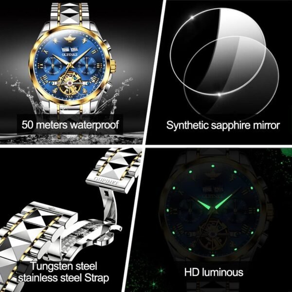 OUPINKE Men's Watch Automatic 44mm Big Dial Tungsten Steel Strap Date Waterproof Luxury Sapphire Crystal - Image 6