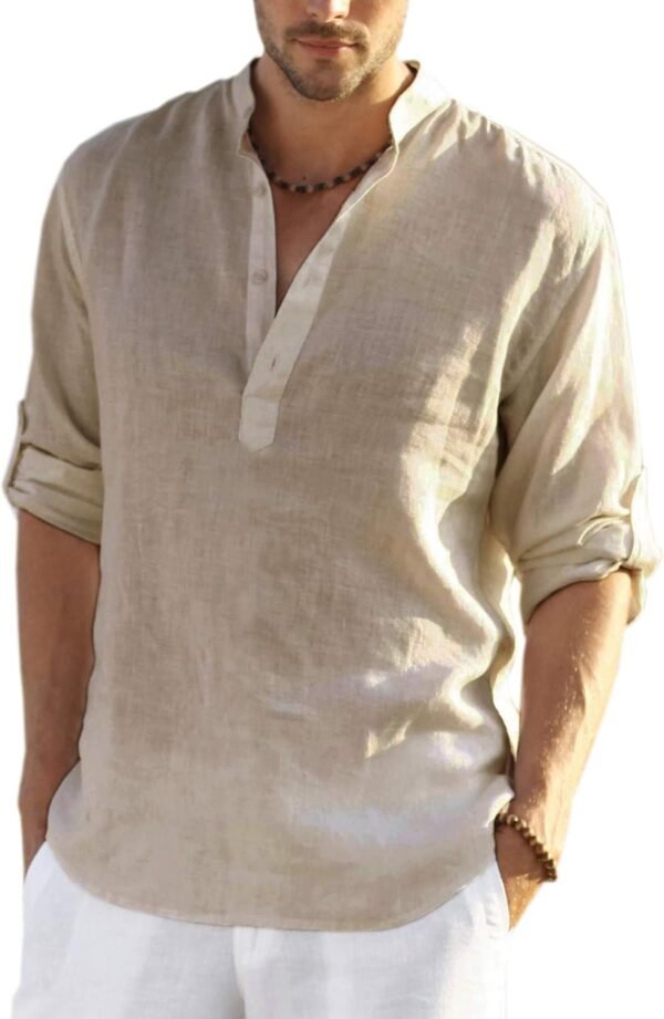 COOFANDY Men's Cotton Linen Henley T-Shirts Long Sleeve Hippie Casual Beach T-Shirts