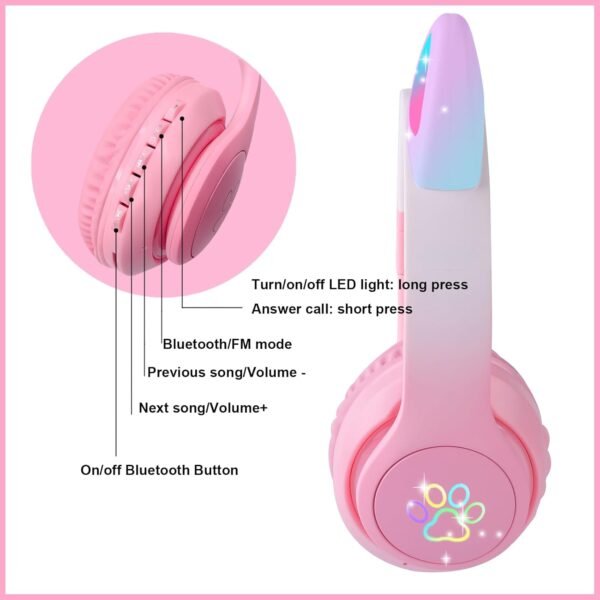 Cat Ear Kids Bluetooth Headphones for Girls Children Teens, LED Light Up Wireless/Wired Mode Foldable Stereo Girls Headphones with Built-in Mic for School Birthday Xmas Gift (Pink) - Image 4