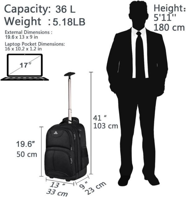 MATEIN Rolling Backpack, 17 inch Water Resistant Wheeled Laptop Backpack, Carry on Luggage Business Bag, Overnight College Computer Bag Trolley Suitcase for Men Women Adults to Travel, Black - Image 7