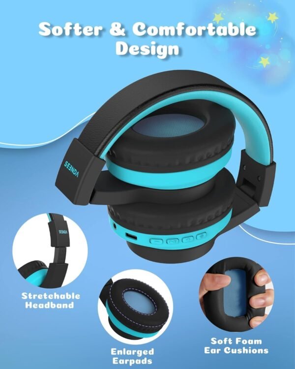 seenda Kids Bluetooth Headphones Boys, Kids Wireless Headphones with 85/94dB Volume Limited, 45H Playtime, 3 Lighting Modes, Built-in Mic, Over Ear Headset with Aux Cord for iPad/Tablet/Travel/School - Image 5