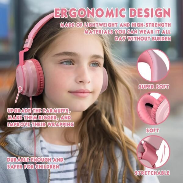 Headphone Kids Volume Limited 85/96dB Wired Over-Ear/On-Earr Foldable Headset with Inline Cable Aux 3.5mm Cord Mic for Boy Girl Child School PC Notebook Tablet Pink - Image 4
