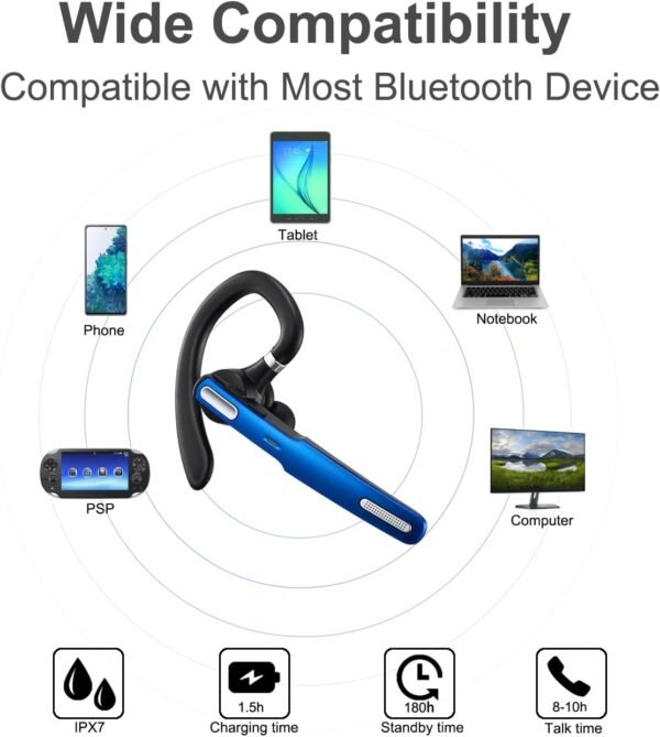 COMEXION Bluetooth Headset, Wireless Bluetooth Earpiece V5.0 Hands-Free Earphones with Stereo Noise Canceling Mic, Compatible iPhone Android Cell Phones Driving/Business/Office - Image 3