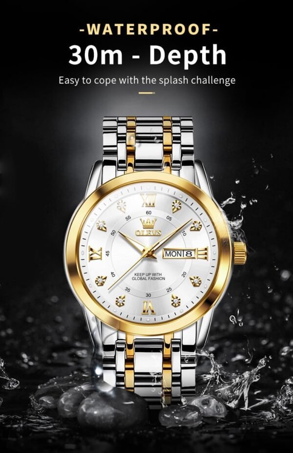 OLEVS Watch for Men Classic Business Dress Analog Quartz Stainless Steel Waterproof Luminous Date Diamond Men Silver Watch - Image 5