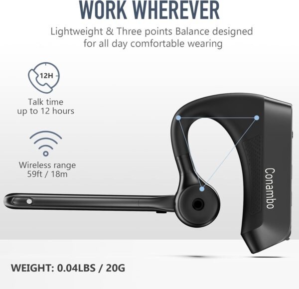 Conambo Bluetooth Headset V5.1 with CVC 8.0 and ENC Noise Reduction Technology, K21 Headset Bluetooth with Microphone Business/Office/Driving - Compatible with iPhone and Android, 18-Hour Talk - Image 6