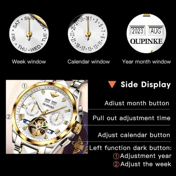 OUPINKE Automatic Watches for Men Skeleton Mechanical Self Winding Luxury Business Dress Wrist Watch Diamond Tungsten Steel Sapphire Crystal Calendar Waterproof Luminous - Image 3