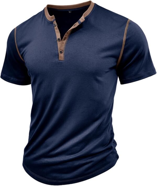 Mens Short Sleeve Shirts Casual Cotton Henley Shirts Slim Fit Summer Classic T-Shirts - Image 2
