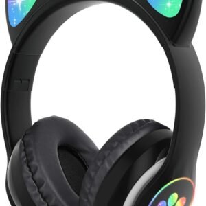 TCJJ Kids Wireless Headphones - Cat Ear LED Light Up, Bluetooth 5.4, Safe Volume Limit, Noise Cancelling with Mic & TF Card for Girls Boys Toddlers School