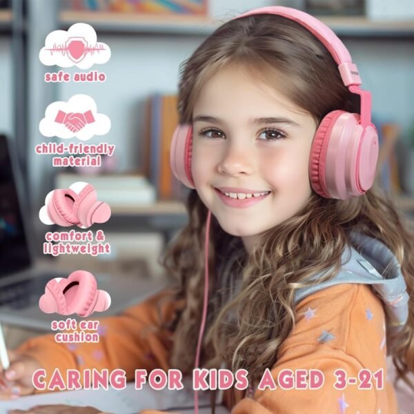 Headphone Kids Volume Limited 85/96dB Wired Over-Ear/On-Earr Foldable Headset with Inline Cable Aux 3.5mm Cord Mic for Boy Girl Child School PC Notebook Tablet Pink - Image 2