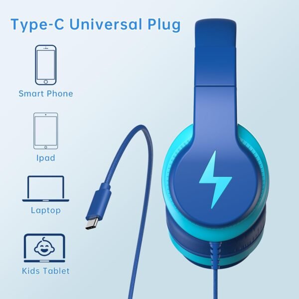Kids Headphones for School, 2025 Upgrade USB C Kids Headphones, Wired Headphone for kids, 94dB Safe Volume Limited, Foldable Over-Ear Headphone for Boys, Girls /Cellphones /iPad /PC /Travel-Bule - Image 2