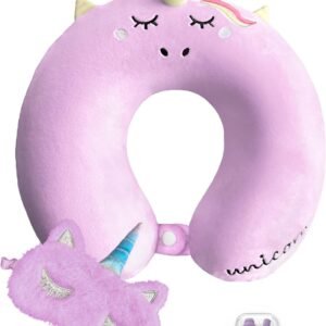 Neck Travel Pillow for Kids, Unicorn Airplane Memory Foam Pillow with Cute Sleep Mask & Earplugs, Lightweight Travelling Sleeping Pillow Set for Car, Train, Bus and Home Use (Purple)