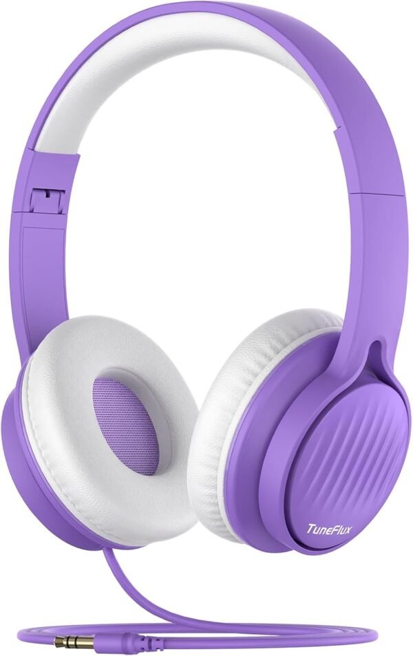 TuneFlux Upgraded Kids Headphones, Wired Toddler Headphones, 85dB Limited Volume On Ear Headphones, Portable Foldable Design, Stereo Sound Kids Headsets for School/Tablet/Travel-Purple