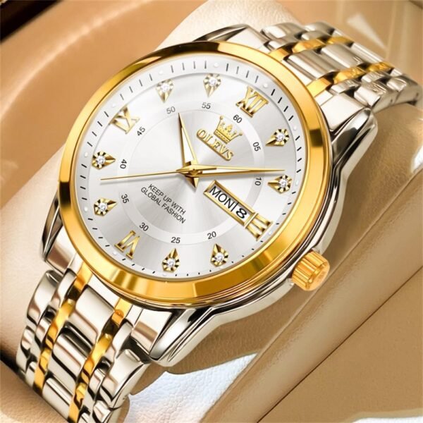 OLEVS Watch for Men Classic Business Dress Analog Quartz Stainless Steel Waterproof Luminous Date Diamond Men Silver Watch - Image 9