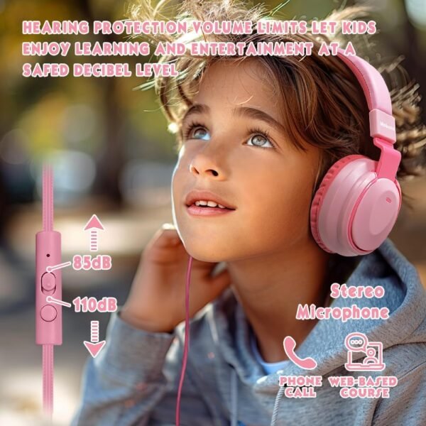 Headphone Kids Volume Limited 85/96dB Wired Over-Ear/On-Earr Foldable Headset with Inline Cable Aux 3.5mm Cord Mic for Boy Girl Child School PC Notebook Tablet Pink - Image 3