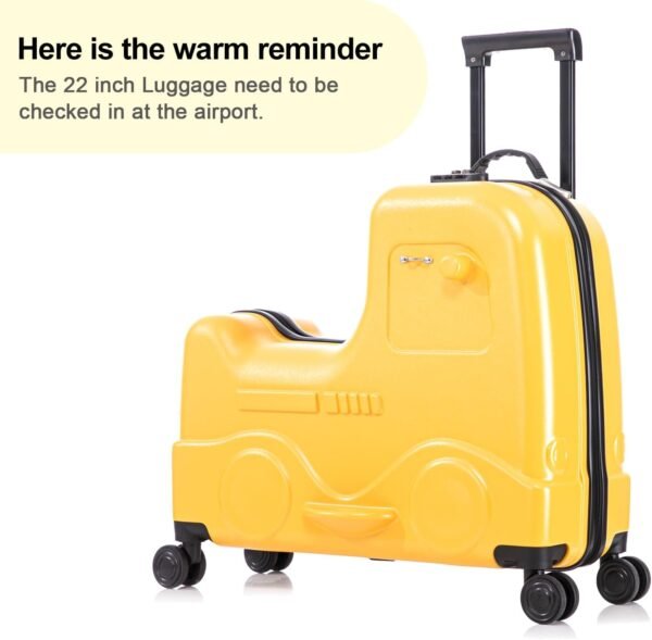 22 inch Kids Ride On Luggage with Safety Belt,Travel Luggage for Child with Combination Lock,Tollder Luggage with Spinner wheels and Cover (Yellow) - Image 3