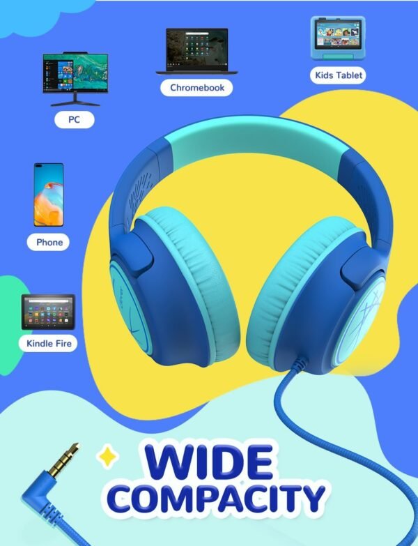 iClever Kids Headphones with Cord, 85dBA Safe Volume Wired Headphones for Kids, Stereo Sound Foldable Adjustable, 3.5mm Jack, Over Ear Kid Headphone for School/Boys/Girls/iPad/Tablet/Travel, Blue - Image 7