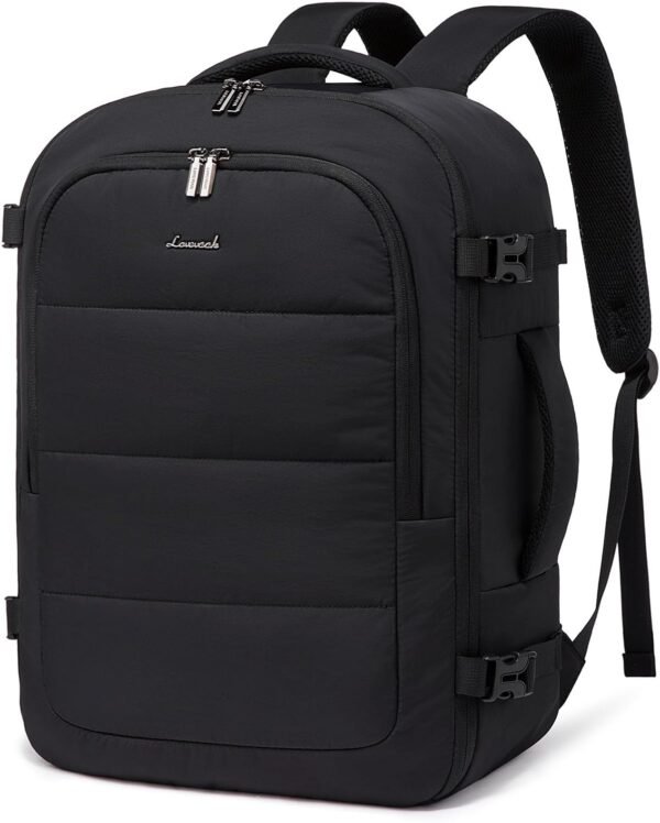 LOVEVOOK Travel Backpack for Women Men, 40L Lightweight Puffy Flight Approved Carry On Backpack Fits 17'' Laptop, TSA Personal Item Travel Bag, Waterproof Weekender Trip Work Luggage Daypack, Black