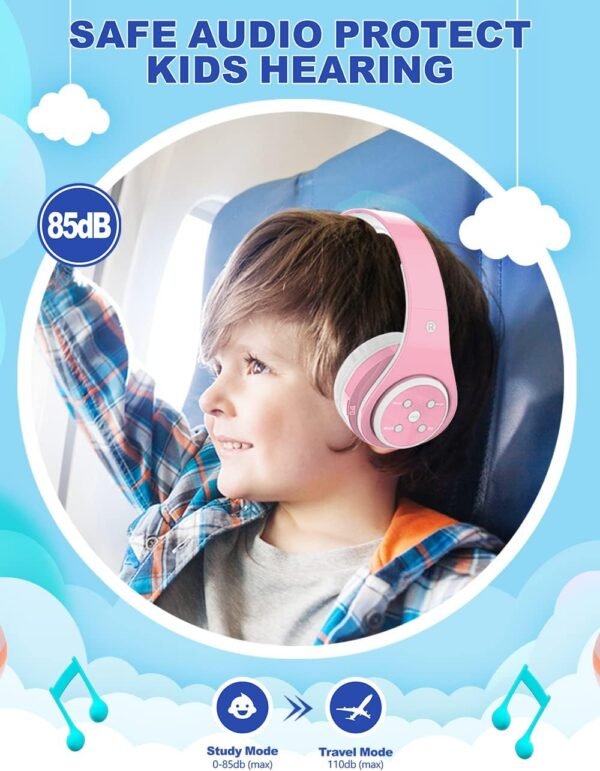 Kids Bluetooth Headphones 85db/110db Volume Limit Wireless/Wired Aux Port Foldable Noise Protection Over-Ear Build-in Mic Headphones for Kids Adults Travel School Phone Pad Tablet PC Pink - Image 2