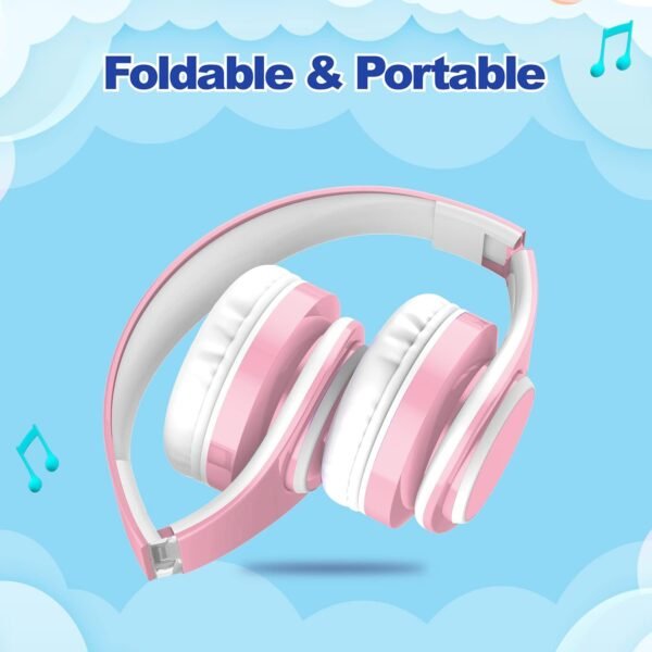 Kids Bluetooth Headphones 85db/110db Volume Limit Wireless/Wired Aux Port Foldable Noise Protection Over-Ear Build-in Mic Headphones for Kids Adults Travel School Phone Pad Tablet PC Pink - Image 5