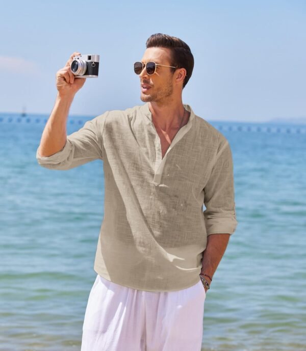 COOFANDY Men's Cotton Linen Henley T-Shirts Long Sleeve Hippie Casual Beach T-Shirts - Image 6