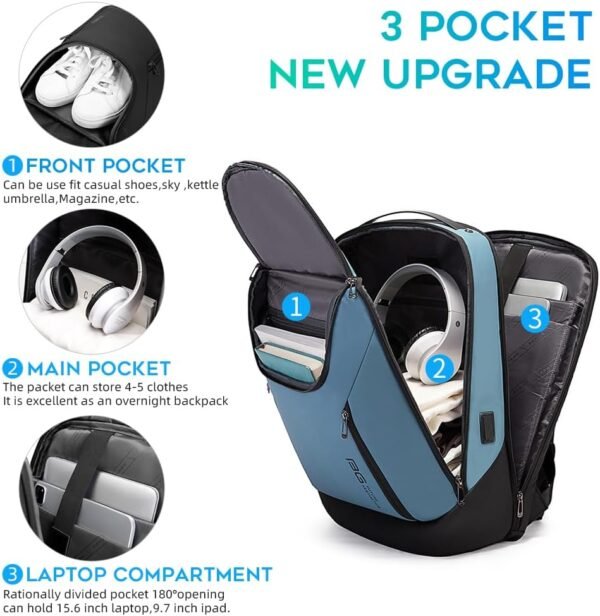 BANGE Business Smart Backpack Waterproof fit 15.6 Inch Laptop Backpack with USB Charging Port,Travel Durable Backpack (Light Blue(three Pocket), Medium) - Image 2