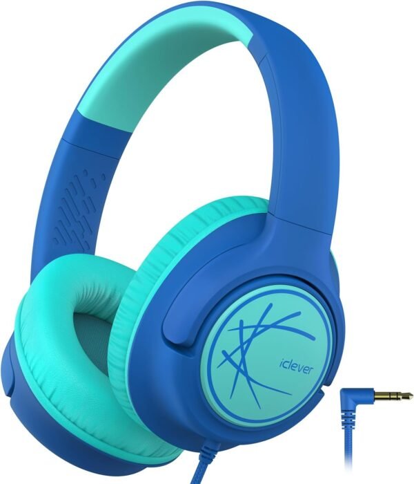 iClever Kids Headphones with Cord, 85dBA Safe Volume Wired Headphones for Kids, Stereo Sound Foldable Adjustable, 3.5mm Jack, Over Ear Kid Headphone for School/Boys/Girls/iPad/Tablet/Travel, Blue