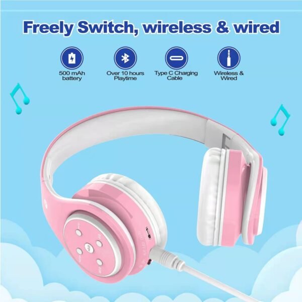 Kids Bluetooth Headphones 85db/110db Volume Limit Wireless/Wired Aux Port Foldable Noise Protection Over-Ear Build-in Mic Headphones for Kids Adults Travel School Phone Pad Tablet PC Pink - Image 4