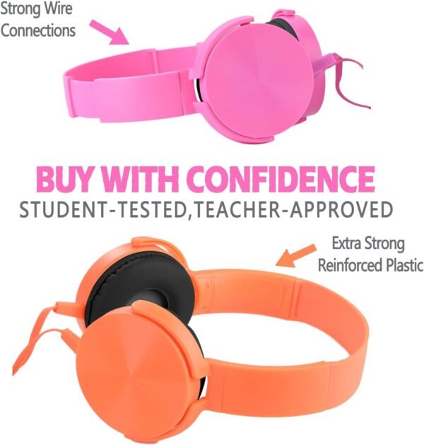 Kids Headphones 2 Pack for School Classroom K-12, Durable Wired Student Computer Online Learning Headset for Laptop Library Airplane and Travel (Pink+Orange) - Image 2