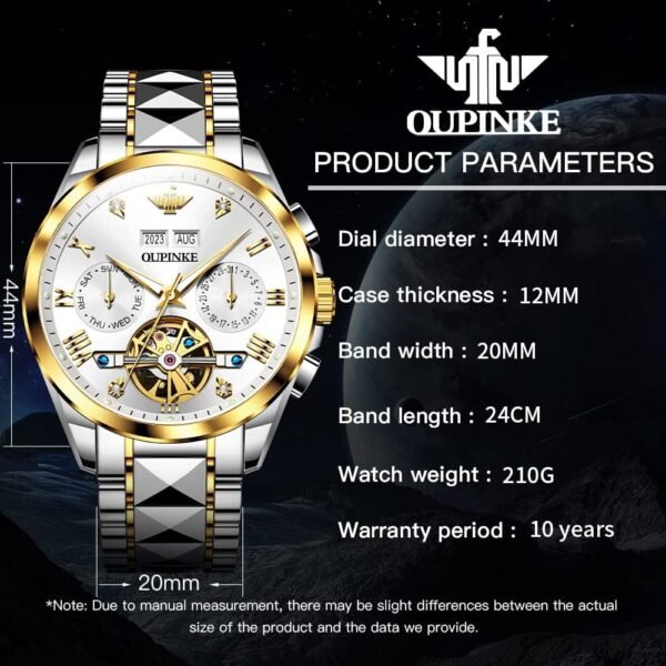 OUPINKE Automatic Watches for Men Skeleton Mechanical Self Winding Luxury Business Dress Wrist Watch Diamond Tungsten Steel Sapphire Crystal Calendar Waterproof Luminous - Image 6