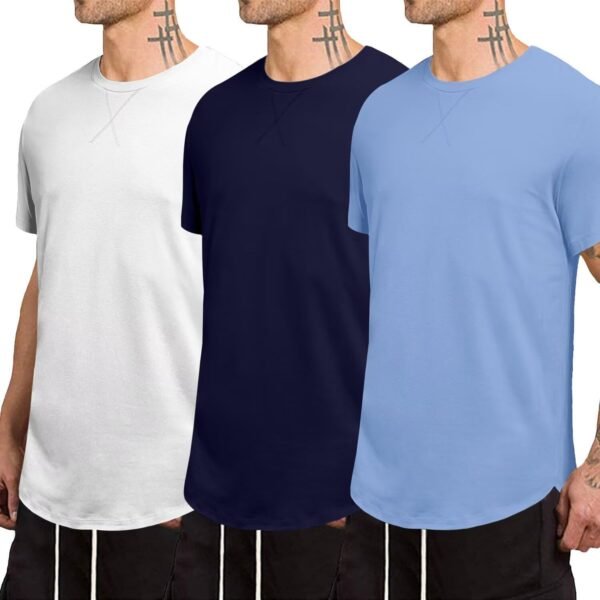 Mens 3 Pack Crewneck T-Shirts Short Sleeve Hipster Hip Hop Longline Classic Tee Tops - Image 2