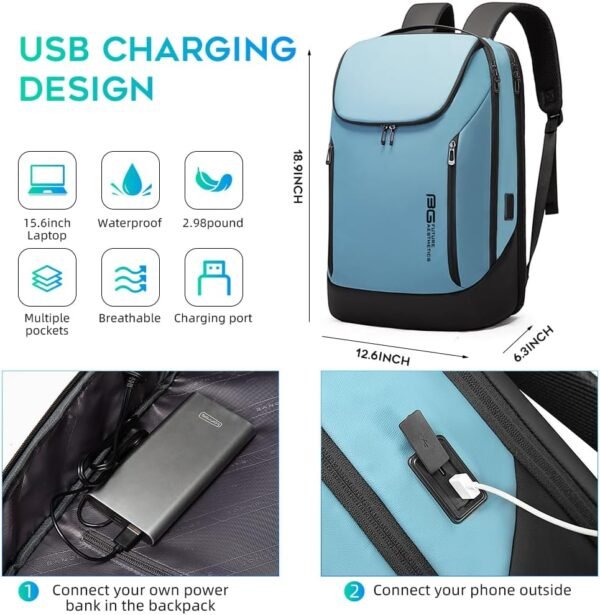 BANGE Business Smart Backpack Waterproof fit 15.6 Inch Laptop Backpack with USB Charging Port,Travel Durable Backpack (Light Blue(three Pocket), Medium) - Image 3