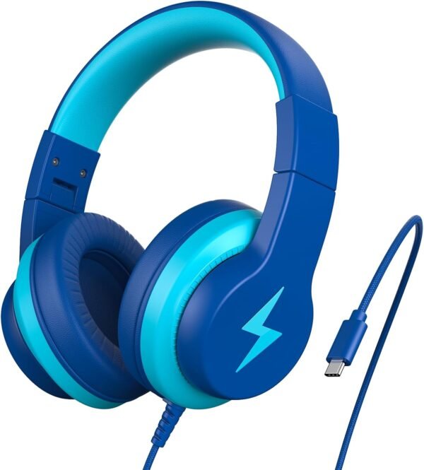 Kids Headphones for School, 2025 Upgrade USB C Kids Headphones, Wired Headphone for kids, 94dB Safe Volume Limited, Foldable Over-Ear Headphone for Boys, Girls /Cellphones /iPad /PC /Travel-Bule