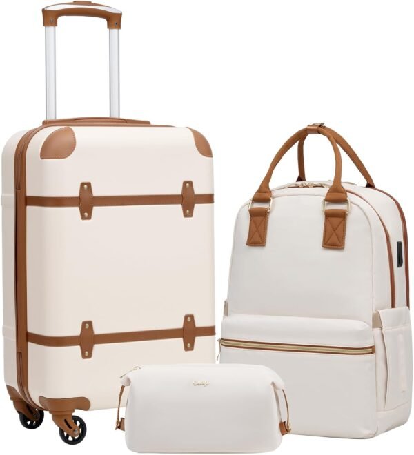 Coolife Luggage Set 3 Piece Suitcase Set Carry On Luggage Hardside Luggage TSA Lock Spinner Wheels Telescopic Handle (White, 3 piece set (BP/TB/20))