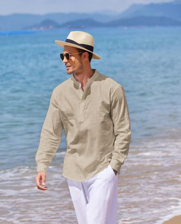 COOFANDY Men's Cotton Linen Henley T-Shirts Long Sleeve Hippie Casual Beach T-Shirts - Image 3