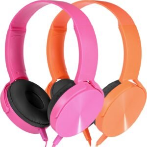 Kids Headphones 2 Pack for School Classroom K-12, Durable Wired Student Computer Online Learning Headset for Laptop Library Airplane and Travel (Pink+Orange)