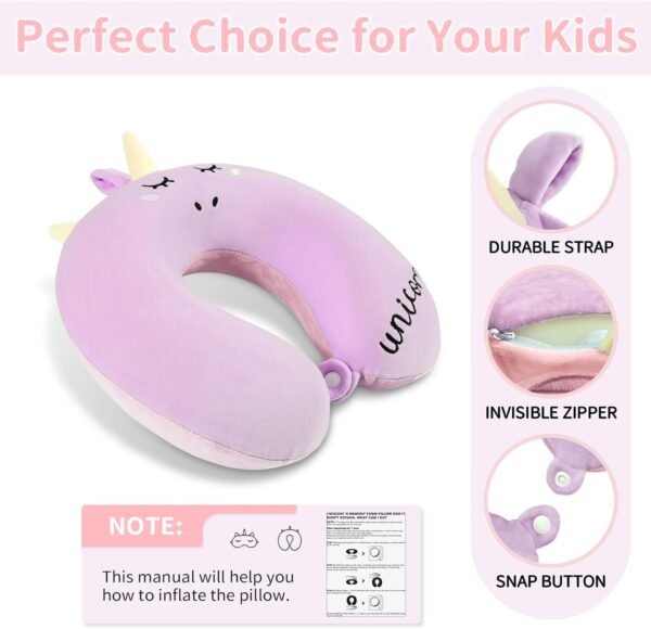 Neck Travel Pillow for Kids, Unicorn Airplane Memory Foam Pillow with Cute Sleep Mask & Earplugs, Lightweight Travelling Sleeping Pillow Set for Car, Train, Bus and Home Use (Purple) - Image 5