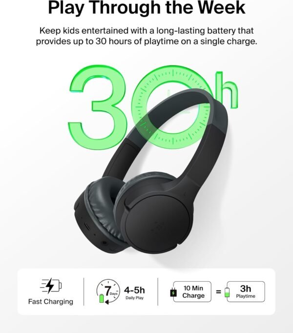 Belkin SoundForm Mini Kids Wireless Headphones w/Built-in Microphone, 30H of Playback Time, & Fun Stickers - Over-Ear Headsets for Online Learning, School, Travel, iPhone, iPad, Galaxy & More - Black - Image 3